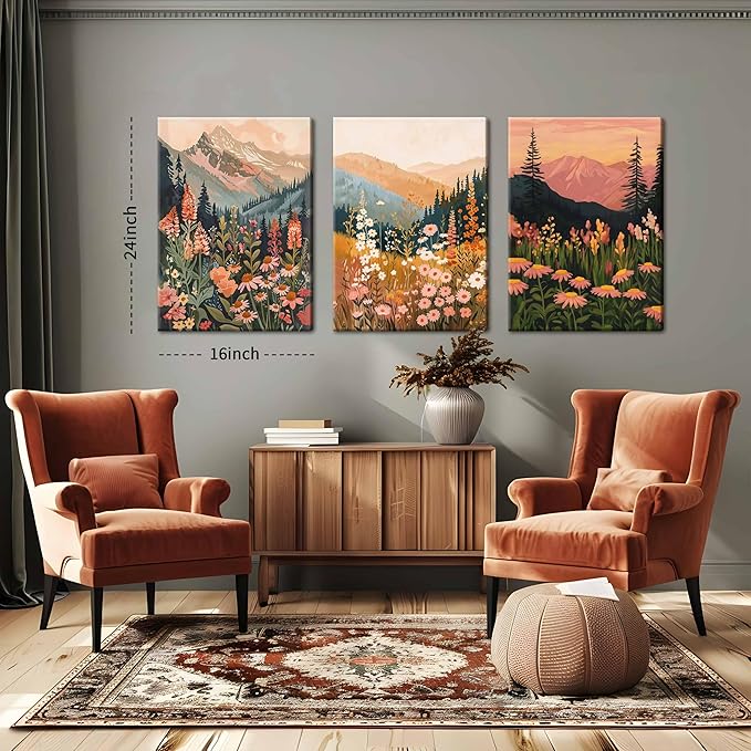 Framed Wildflower Mountain Landscape Wall Art Set of 3, Colorful Floral Wall Decor, Boho Sunset Landscape Canvas Artwork, Earth Tone Botanical Poster Prints for Living Room Bedroom 16x24 Inch