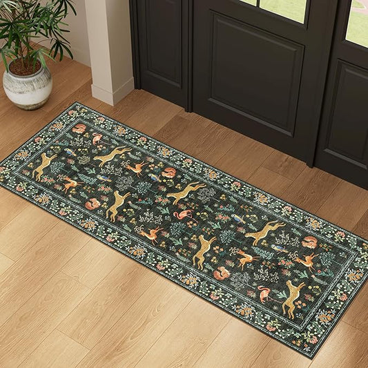 DUKINO 2x5 Rug for Hallway, Washable Kitchen Runner Rug with Non Slip Backing, Soft Low Pile Vintage Animal Runner for Bedroom, Kitchen, Hallway, Entryway, Laundry, Black