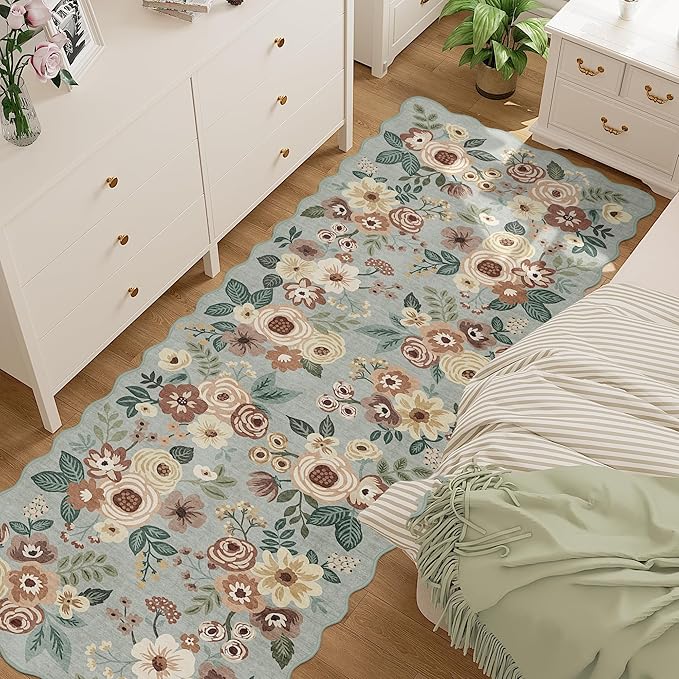 DUKINO 2x10 Runner Rug for Hallway, Washable Kitchen Rug with Non Slip Backing & Non-Shediing, Soft Low Pile Floral Design Runner for Bedroom, Kithchen, Living Room, Laundry, Bathroom, Sage Green