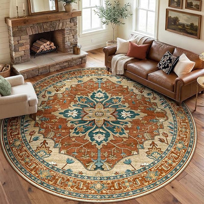 RELEANY Area Rugs Round 8ft Washable Non-Slip, Floral Vintage Distress Print Pattern Medallion Carpet for Living Room Bedroom Dining Room, Red Orange Blue Brown