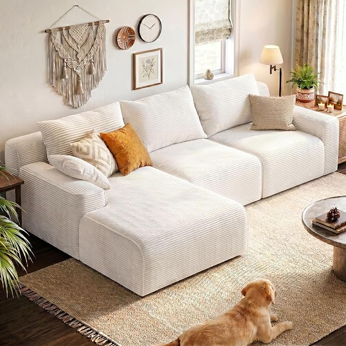 Homkdom L-Shaped Cloud Boneless Couch with Deep Seat, Modular Sectional Sofa with Oversized Chaise, 6 Layouts Combination for Living Room, Apartment, No Assembly (White, Left Chaise)