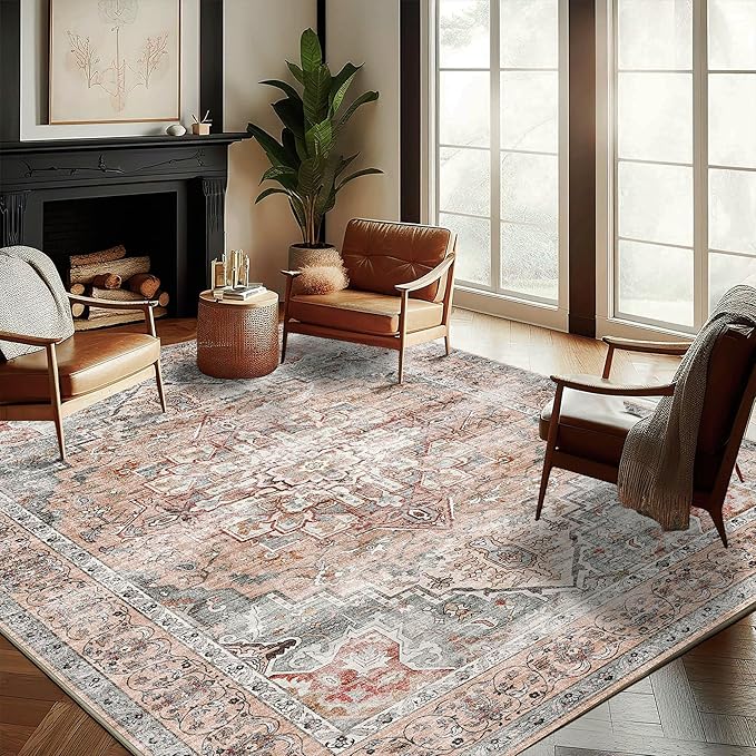 CHAMPLANT Washable Area Rug 9'x12' Light Cyan and Light red Retro Flowers Boho Design Non-Shedding Easy Care Ideal for High Traffic Areas in Living Room Bedroom Office Kitchen Large Carpet