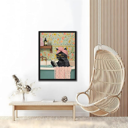 Floating Framed Bathroom Cat Canvas Wall Art, Funny Black Cat Reading Wall Decor, Cute Animal Prints Pictures Posters for Living Room Bedroom Toilet Kids Room Paintings 16x24 inch