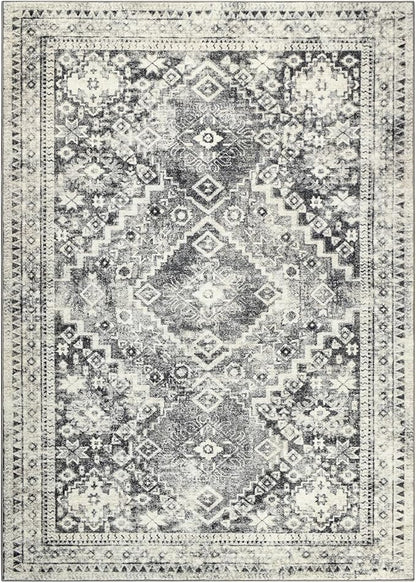 YOH Boho Washable Rug 8x10, Taupe Gray Vintage Non Slip Area Rug, Distressed Indoor Carpet for Living Room Bedroom Kitchen Office