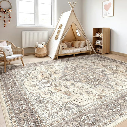 8x10 Area Rugs Living Room: Washable Boho Large Neutral Vintage Soft Rug Stain Resistant Farmhouse Non Slip Indoor Floor Carpet for Bedroom Nursery Kids Playroom Office Dining Room Home Decor- Brown