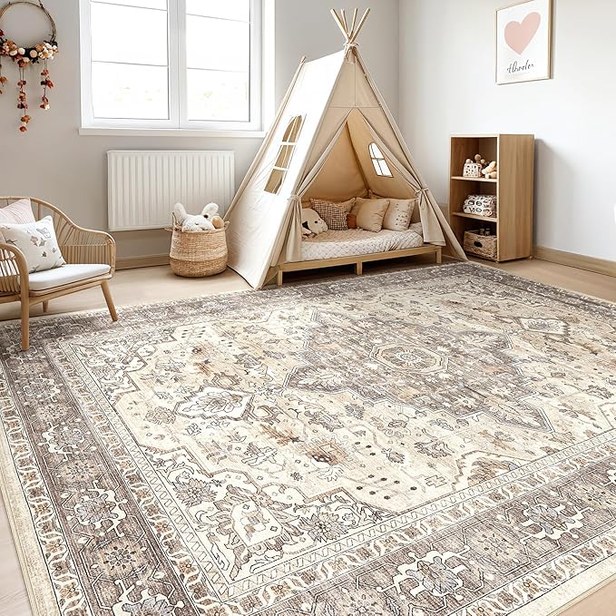 10x14Ft Area Rugs Living Room: Washable Boho Large Neutral Vintage Soft Rug Stain Resistant Farmhouse Non Slip Indoor Floor Carpet for Bedroom Nursery Kids Playroom Office Dining Room- Beige Brown