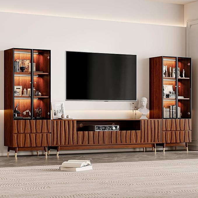 125" Walnut Finish Entertainment Center for 55/65/75 inch TV, Included 78.7'' TV Stand and 2 Glass Display Cabinet, 3-Piece Brown Mid Century Modern Wood Media Console for Living Room