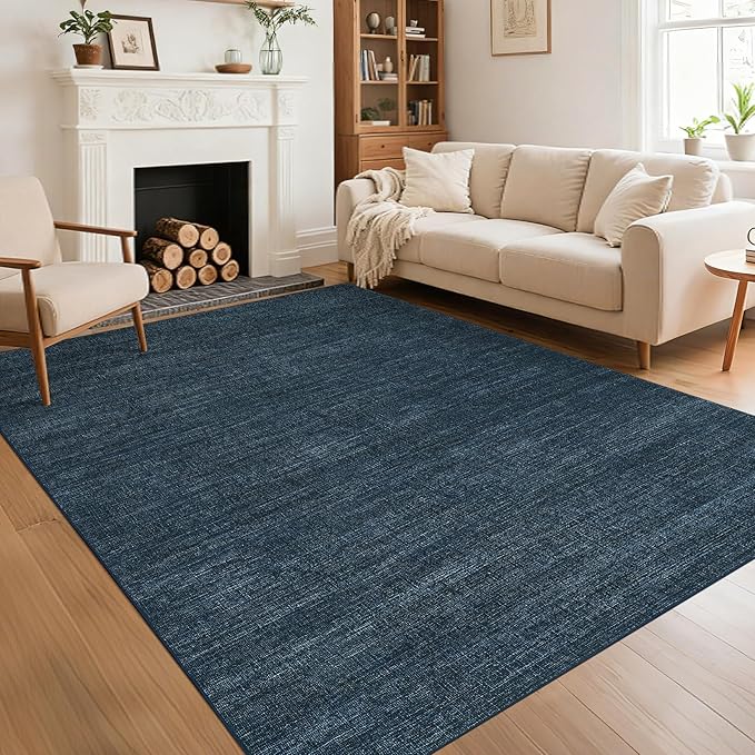 Area Rug 4x6 Washable Bedroom Rugs Non Slip Modern Solid Color Large Living Room Throw Carpet Low Pile Minimalist Kitchen Rug Plain Accent Rug Mat Classic Boho Area Rugs for Nursery Entryway, Navy