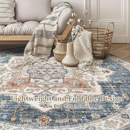 8x8 Round Area Rugs Washable Vintage - Soft Traditional Rugs for Living Room Large Non Slip Backing with Low Pile Farmhouse Oriental Retro Carpet for Bedroom Dining Room or Home Office - Blue