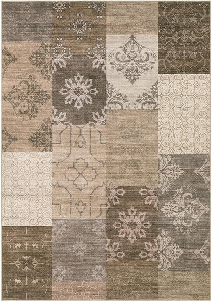 UERMEI 8x10 Area Rug Washable, Brown Modern Geometric Rugs for Living Room, Non-Slip Patchwork Carpet, Stain Resistant Low-Pile Foldable Rug for Bedroom Dining Room - Warm Brown