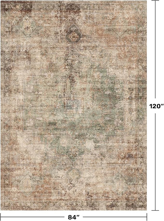 Washable 7x10 Green Brown Area Rug for Living Room Table – Neutral Dark Farmhouse Rug for Dining Room, Vintage Bedroom Under Bed, Non-Slip Stain & Fade Resistant, Vintage Distressed Farmhouse Décor