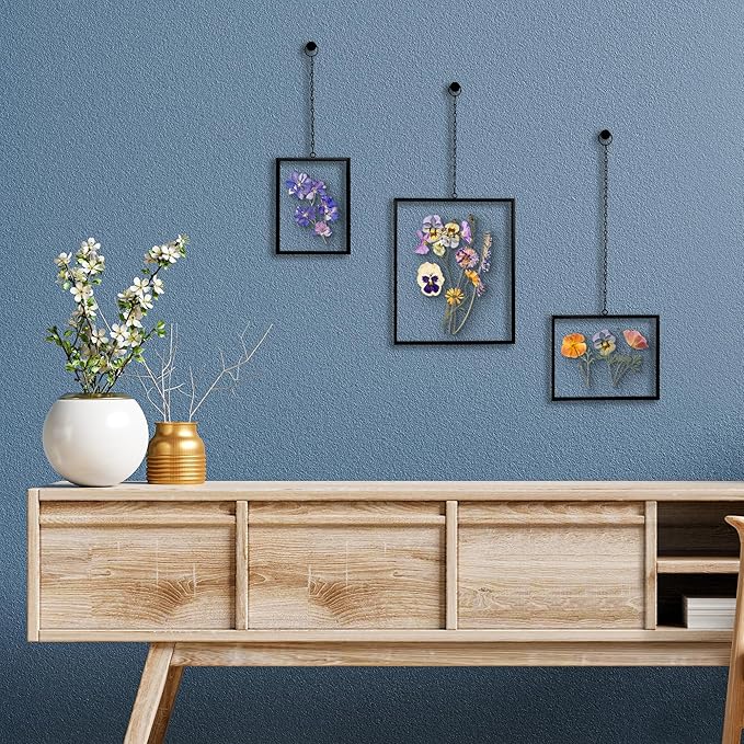 Americanflat Metal Floating Frame with Chain - Set of 3 - Use as 8x10, 5x7 or 4x6 Frame - Pressed Flower Display for Wall Decor - Elegant Black Molding with Shatter-Resistant Glass