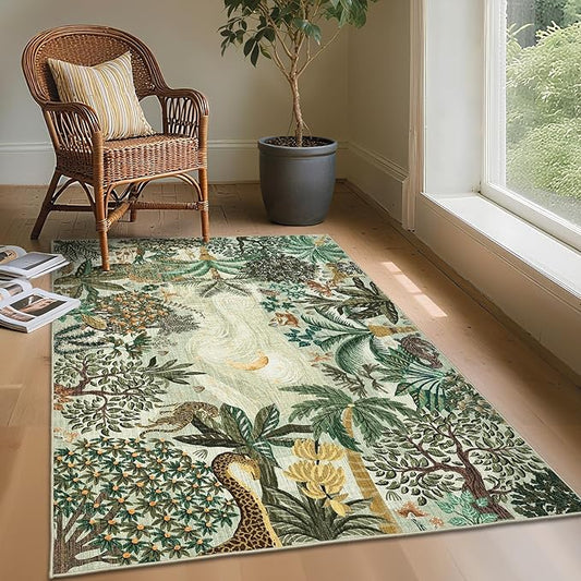GarveeHome 3x5 Washable Area Rug for Bedroom, Jungle Animal Soft Tiger Rug Non Slip Low Pile Green Carpet Stain Resistant Throw Rug for Bedside Kids Room Office Dining Room
