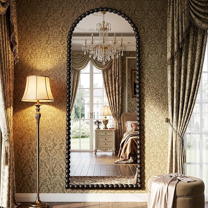 Antok 57" x 21" Arched Full Length Mirror, Antique Beaded Frame Floor Standing or Wall Mounted Mirror with Stand for Bedroom, Entryway, Black, Luxury Style