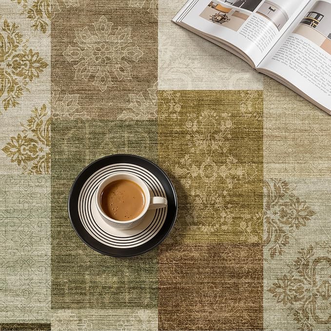 UERMEI 5x7 Area Rug Washable, Brown Modern Geometric Rugs for Living Room, Non-Slip Patchwork Carpet, Stain Resistant Low-Pile Foldable Rug for Bedroom Dining Room - Brown
