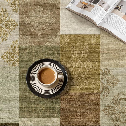 UERMEI 5x7 Area Rug Washable, Brown Modern Geometric Rugs for Living Room, Non-Slip Patchwork Carpet, Stain Resistant Low-Pile Foldable Rug for Bedroom Dining Room - Brown