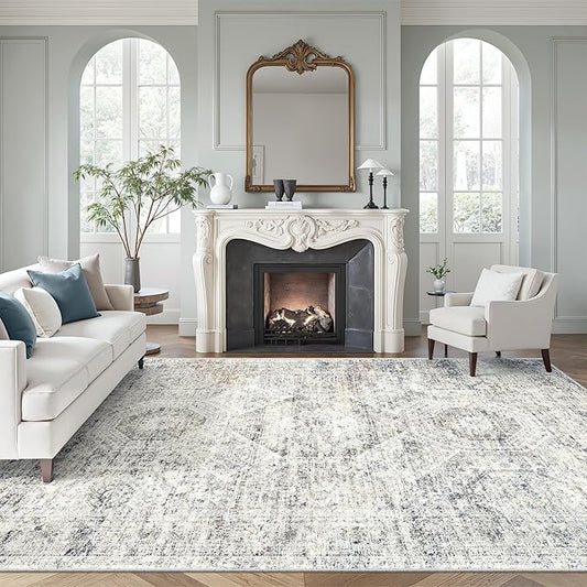 Soalmost 7x10 Area Rug for Living Room Washable Abstract Vintage Soft Thin Indoor Floor Non-Slip Carpet for Bedroom Dining Room Blue Ivory