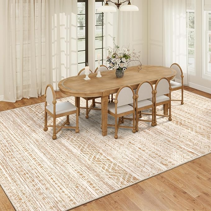 Miukiki 9x12 Area Rug for Living Room Moroccan Washable Rugs Non Slip Indoor Floor Carpet Foldable Large Soft Area Rug for Dining Room Bedroom with Low Pile(Beige,9'x12')