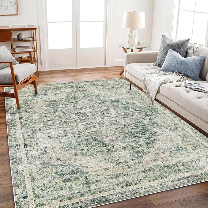 CHAMPLANT Washable Area Rug 3'x5' Vintage Traditional Floor Cover Foldable Thin Rugs Retro Kitchen Indoor Distressed Non Slip Carpet Floral Print Mat Bedroom Living Room