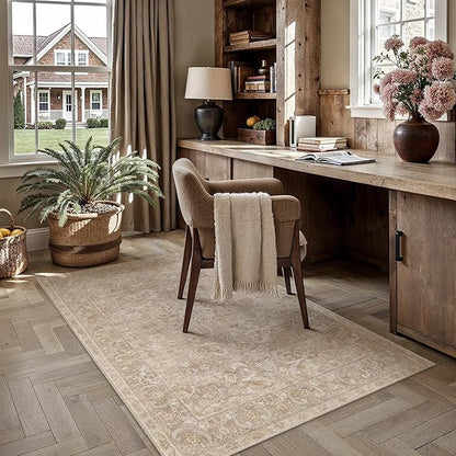 PureCozy Brown 3x5 Area Rug Entryway Washable Vintage Carpet Office Small Indoor Non Slip Soft Low Pile Thin Stain Resistant Distressed Accent Throw Rug for Entrance Bedroom Dining Living Room