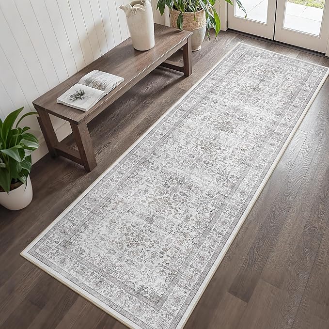 2'6"x8' Gray Runner Rug Hallway Non Slip Washable Area Rugs Kitchen Soft Vintage Boho Long Rug Distressed Floral Carpet Indoor Low Pile Throw Rug for Bedroom Bathroom Laundry Dining Living Room Office
