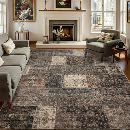 Vintage Washable Area Rug for Living Room,Low Pile 8x10 Non Slip Carpet Non-Shedding Area Rug Soft Indoor Stain Resistant Rug Floral Print Mat for Bedroom Dining Room 084-Brown