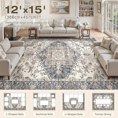 12x15 Washable Area Rugs for Living Room: Non Slip Vintage Beige Blue Rug, Large Soft Stain Resistant Indoor Floor Carpets for Bedroom Dining Room Nursery Home Office Kid & Pet Friendly