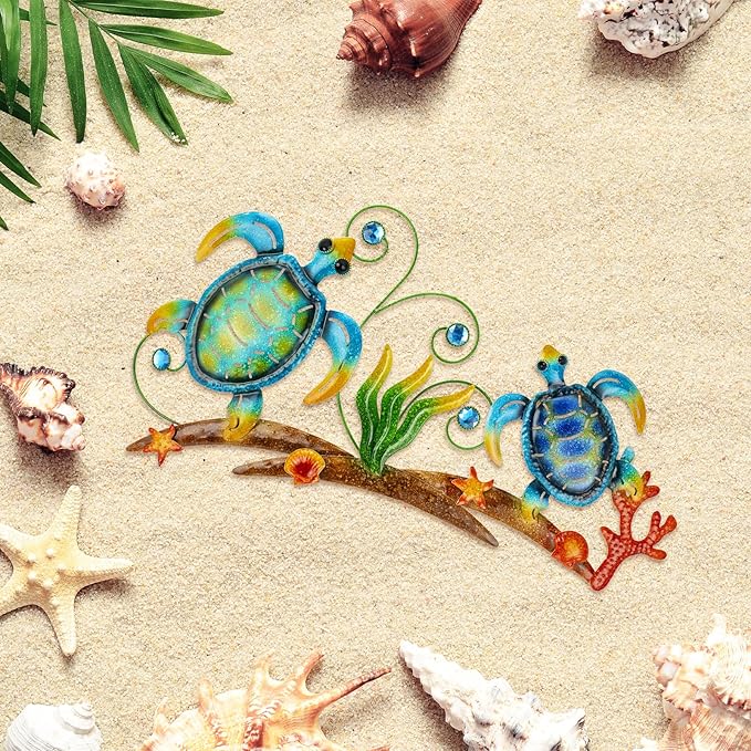 dreamskip 27" Sea Turtles Metal Beach Wall Decor Art, Coastal Ocean Style Wall Sculpture, Nautical Outdoor Decor For Garden, Pool, Fence, Patio, Bathroom Indoor