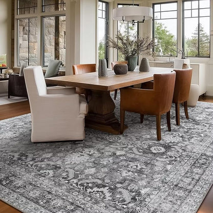 Washable 8x10 Area Rugs for Living Room, Boho Non-Slip Vintage Distress Large Rugs for Bedroom Dining Room Nursery Office, 0.3" Neutral Oriental Throw Thin Carpet, Grey/Multi, C5
