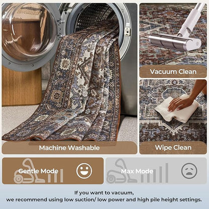 Kokia 8x10 Maroon Moody Area Rugs with Vintage Orient Design, Soft Washable Rug for Living Room or Bedroom, Non-Slip Low Pile Stain Resistance Features, Medallion Pattern