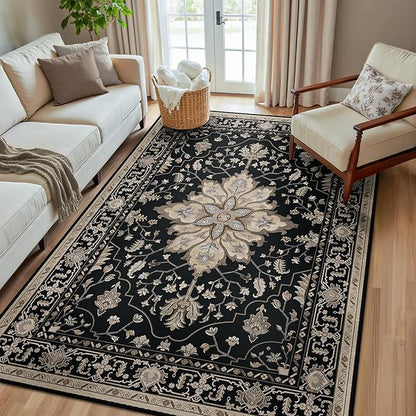 RELEANY Area Rugs 5'x8' Washable Non-Slip, Floral Vintage Distress Print Pattern Medallion Carpet for Living Room Bedroom Dining Room, Black Brown Neutral Dark Tan