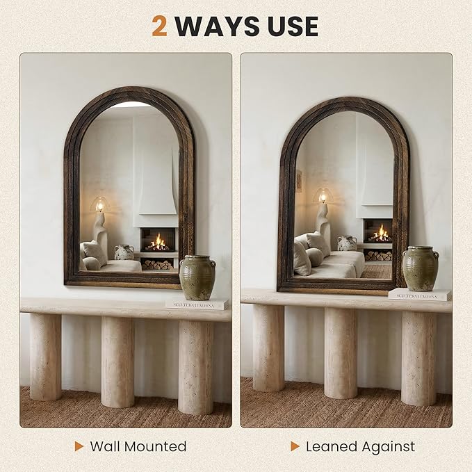 TRAHOME Arched Bathroom Mirror, 38"x26" Brown Wood Frame Wall Mirror, Farmhouse Vintage Vanity Mirror with Layered Frame for Entryway, Living Room, Bedroom