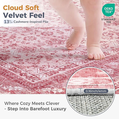 OPPODREAM Vintage Pink Round Rug 4ft, 4 ft Retro Washable Circle Rug Non Slip, Low-Pile Faux Wool Circular Carpet, Distressed Floor Mat for Living Room, Bedroom, Office, Dorm, Dinning Room
