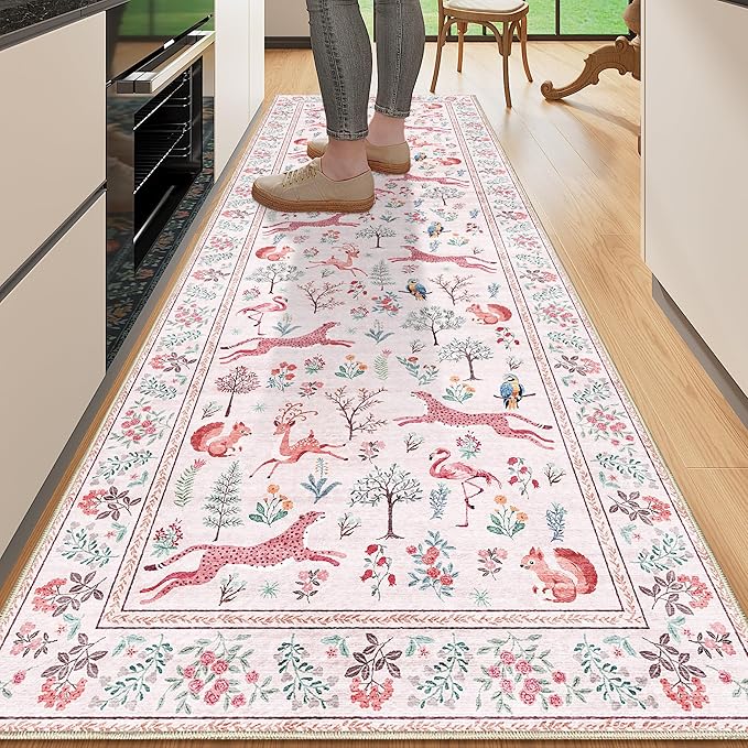 DUKINO 2x6 Rug for Hallway, Washable Kitchen Runner Rug with Non Slip Backing, Soft Low Pile Vintage Animal Runner for Bedroom, Kitchen, Hallway, Entryway, Laundry, Pink