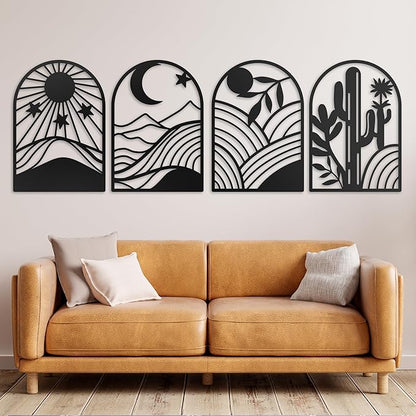 GALLERY GRACE Metal Wall Art Decor – 11" x 16", 4Pc Single Line Abstract Wall Art for Living Room, Bedroom, Office – Boho Minimalist Black Wall Decor Featuring Sun, Moon, Landscape & Desert Panels