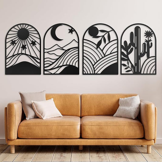 GALLERY GRACE Metal Wall Art Decor – 11" x 16", 4Pc Single Line Abstract Wall Art for Living Room, Bedroom, Office – Boho Minimalist Black Wall Decor Featuring Sun, Moon, Landscape & Desert Panels