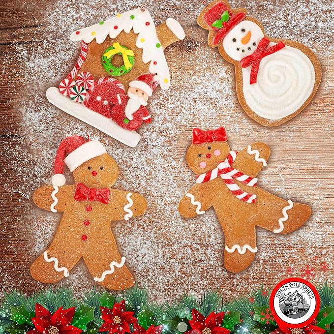 Gingerbread Christmas Ornaments - Man Boy Girl Gingerbread House Snowman Cookie Rustic Christmas Decorations Set of 4 - Claydough Christmas Tree Decorations - Christmas Tree Ornaments with Gift Box