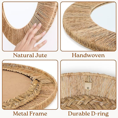 Chi An Home 24 Inch Natural Jute Mirror, Wall Mounted Round Mirror with Metal Frame, Wall Decor Rustic Farmhouse Boho Decor Accent for Bathroom, Bedroom, Living Room, or Entryway