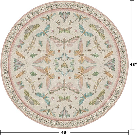 Boho Light Pink Round Rugs for Kids Bedroom - 4 ft Unique Circle Area Rugs for Baby Nursery, Washable Low Pile & Soft Cute Throw Rugs for Living Room, Playroom, Reading Corner, Fun Insect Décor