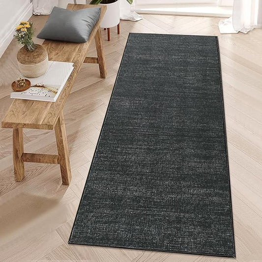 Washable Runner Rug 2x6 Modern Solid Color Kitchen Runner Mat Minimalist Plain Long Runner Rug for Entryway Bedroom Bedside Non Slip Low Pile Boho Accent Solid Runner Rugs for Nursery, Black 2'x6'