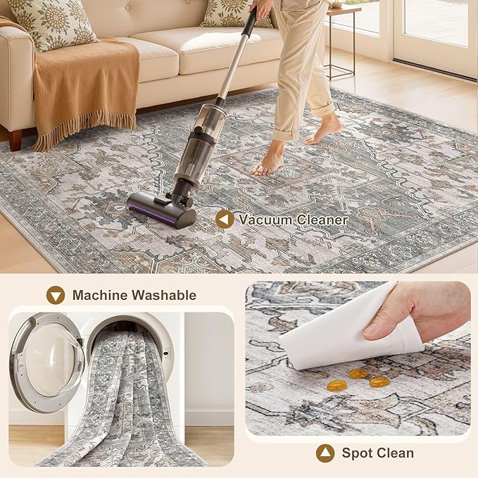 8x11 Washable Area Rugs for Living Room: Non Slip Vintage Gray Brown Rug, Large Soft Stain Resistant Indoor Floor Carpets for Bedroom Dining Room Nursery Home Office Kid & Pet Friendly