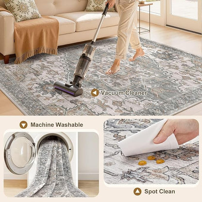 8x11 Washable Area Rugs for Living Room: Non Slip Vintage Gray Brown Rug, Large Soft Stain Resistant Indoor Floor Carpets for Bedroom Dining Room Nursery Home Office Kid & Pet Friendly