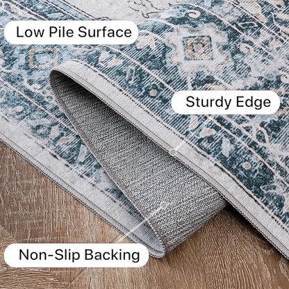 GENIMO 9x12 Area Rugs for Living Room, Machine Washable Non Slip Vintage Rugs, Low Pile Lightweight Chenille Print Rug for Bedroom, Dining Room, Home Office, Blue