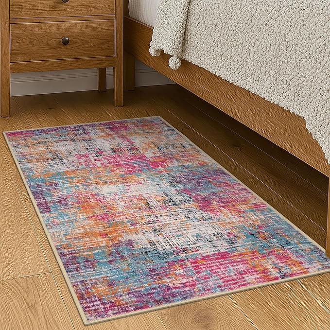 KILOCOCO Abstract Small Area Rug 2x3 Entryway Rug Washable Kitchen Rugs Door Mat Indoor Entrance Soft Pinted Non Slip Throw Rugs for Front Door Foyer Farmhouse Floor Mats, Pink/Orange/Blue