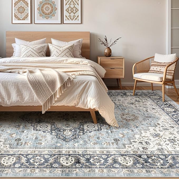 6x9 Area Rugs Living Room: Washable Boho Large Neutral Vintage Soft Rug Stain Resistant Farmhouse Non-Slip Indoor Floor Carpet for Bedroom Nursery Kids Office Dining Room Home House- Blue Tan