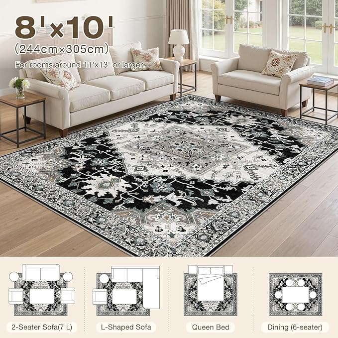8x10 Washable Area Rugs for Living Room: Non Slip Vintage Black Rug, Large Soft Stain Resistant Indoor Floor Carpets for Bedroom Dining Room Nursery Home Office Kid & Pet Friendly