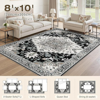 8x10 Washable Area Rugs for Living Room: Non Slip Vintage Black Rug, Large Soft Stain Resistant Indoor Floor Carpets for Bedroom Dining Room Nursery Home Office Kid & Pet Friendly