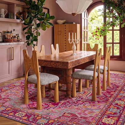 Kokia 8x10 Washable Magenta Hot Pink Area Rugs with Vintage Orient Design Soft Rug for Living Room or Bedroom Non-Slip Low Pile Stain Resistance Features Distressed Medallion Pattern