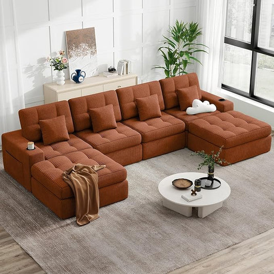 144" U Shaped Cloud Boneless Couch,Modern Modular Sectional Sofa with Layered Cushion,No Assembly Convertible Corduroy Couches for Living Room,Caramel 1 PCS
