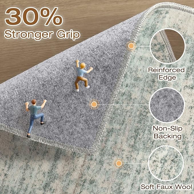 Runner Rug Non-Slip Kitchen Rug: 3x8 Washable Abstract Modern Soft Stain Resistant Indoor Floor Neutral Accent Throw Carpet for Hallway Bathroom Laundry Room Bedroom Entryway- Green